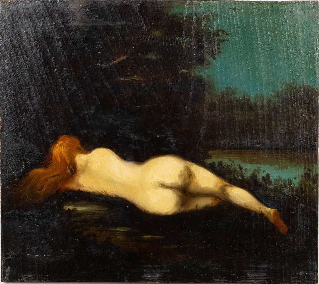 French School of the XX century – Nue allongée au bord d’un lac – Nude lying on the edge of a lake – Original Oil on Panel