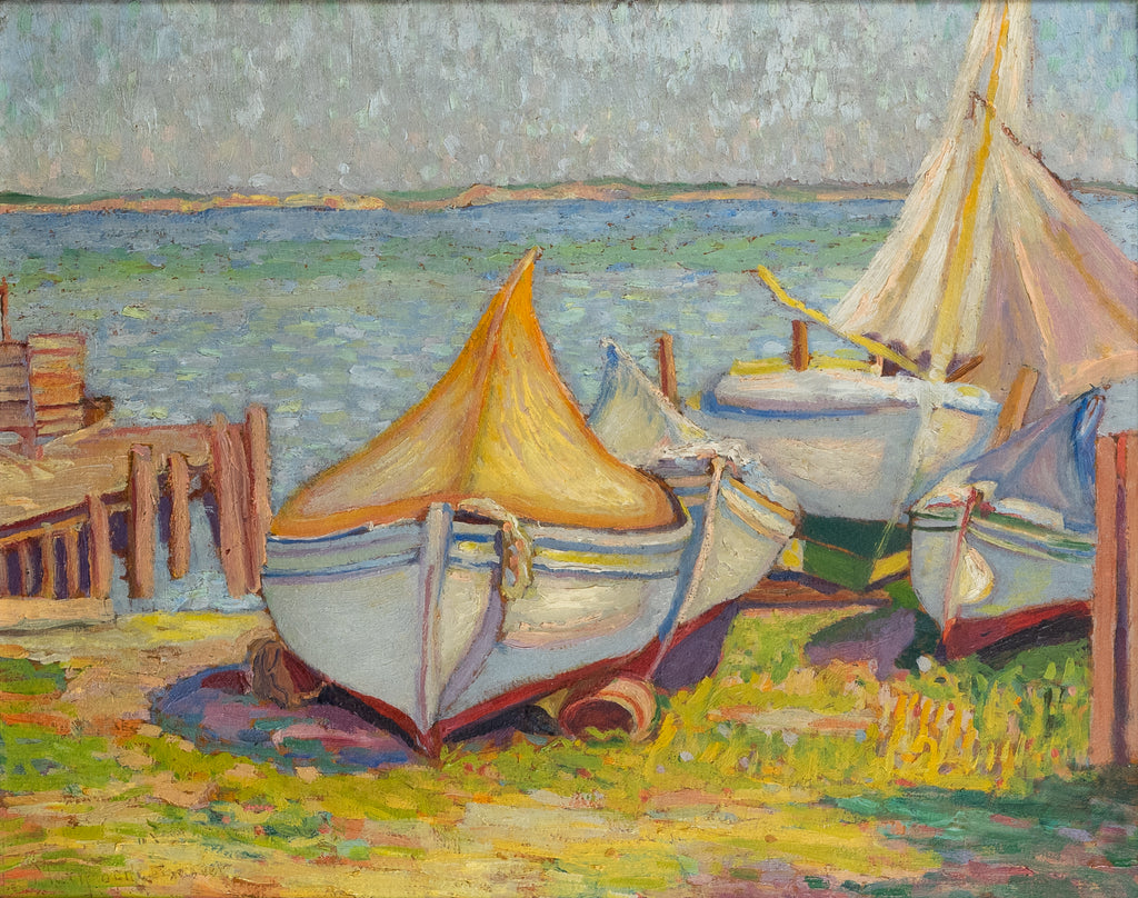 Mary Locke Brewer (1865-1950) - Sailboats ashore - Oil on Masonite