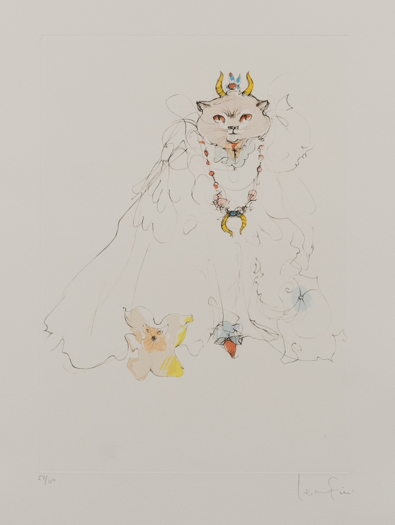 Leonor Fini (1907-1996) - Les Chats de Madame Helvetius - Crowned Cat with Necklace - Original Etching 57/150