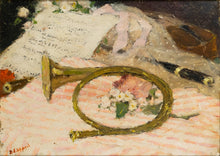 Load image into Gallery viewer, Dietz Edzard (1893 – 1963) - Still Life French Horn with Sheet Music - Oil on Linen Canvas
